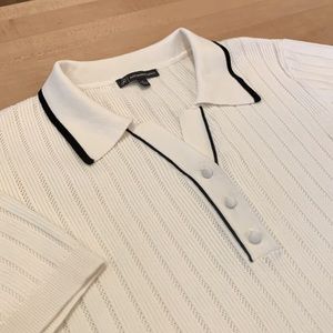 Adrianna Papell White Knit V-Neck Sweater with Black Trim